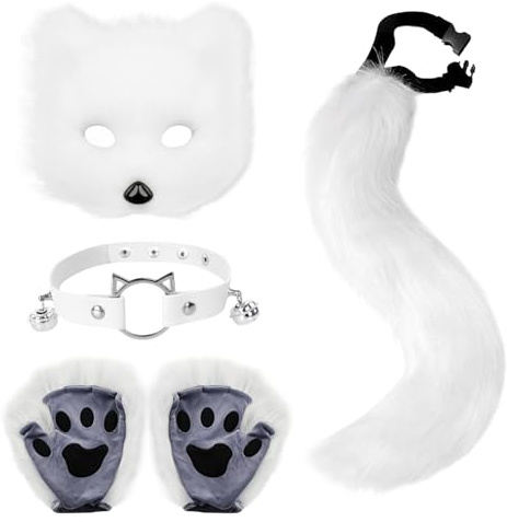 Xerteam Kunstpelz Fuchs Kostüm, Fuchs Cosplay Kostüm Set Plüsch Fuchsschwanz Fuchs Maske Glocken Halskette Fuchshandschuhe, Geeignet für Halloween Karnevals Cosplay Partys