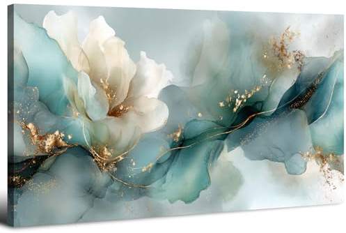 AIYISU Cuadro Flores Mármol Abstractas Azul Verde y Dorado 50.8 x 101.6 cm, Arte Lienzo Moderno Minimalista, Impresión Floral para Sala de Estar Comedor Cocina, Decoración Pared Hogar Elegante