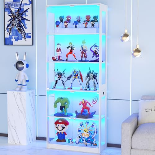 VOWNER 80'' Display Cabinet with Glass Door 5-Tier Display Case | Human Body Sensor, 3 Color LED Lighting, Curio Cabinet for Collectibles, Trophy, Large Capacity, Easy Assembly, Bookshelf