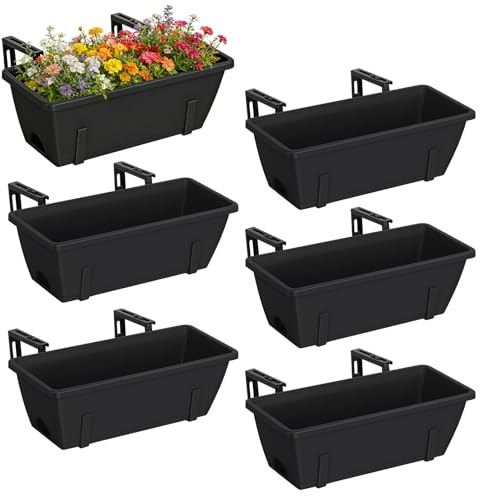 CADUKE Geländer-Pflanzkästen, Schwarze Pflanzkästen mit Verstellbarer Halterung, 43,2 cm Deckschiene, Pflanzgefäße für Outdoor-Pflanzen, Blumentöpfe für Balkon, Garten, Dekoration, 6 Stück
