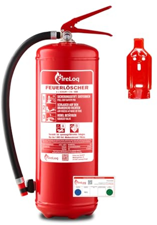 FireLoq 6L Schaum Feuerlöscher für Brandklasse AB mit 27A | 183B ergibt 9LE Dauerdruck inkl. Prüfnachweis,Wandhalter und Manometer
