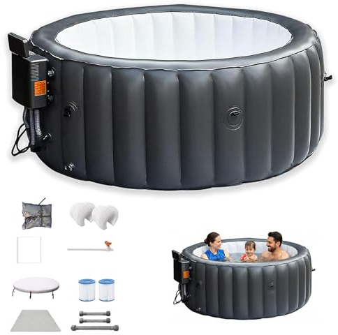 LADECNERHT Set Spa Massaggiante da Esterno, Jacuzzi Portatile Gonfiabile, Jacuzzi Rotonda Gonfiabile, Gonfiaggio con Un Tocco, Riscalda Fino a 42°c/104°f, 3-4 Persone, con Filtrazione a Ricircolo