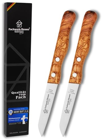 Fachwerk-Messer Gemüsemesser 2er-Set Olivenholz - Küchenmesser aus Solingen/Germany - Testsieger - 2 Stück Universalmesser Rostfrei 7,5cm Klinge gerade