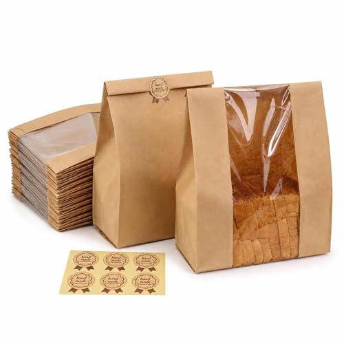 50 Pack Bread Bags, Food Packaging, Kraft Paper Bakery Bags | Kraft Paper Bags with PE Lining, 35x21x9cm Brown Bags with Window and Stickers for Bread, Cookies and Snacks