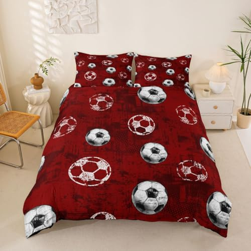 Loussiesd Set di biancheria da letto con copripiumino 3D a tema calcio, per ragazzi e ragazze, per ragazzi e ragazze, tema sportivo, decorazione per camera da letto, 2 pezzi, chiusura a cerniera, con