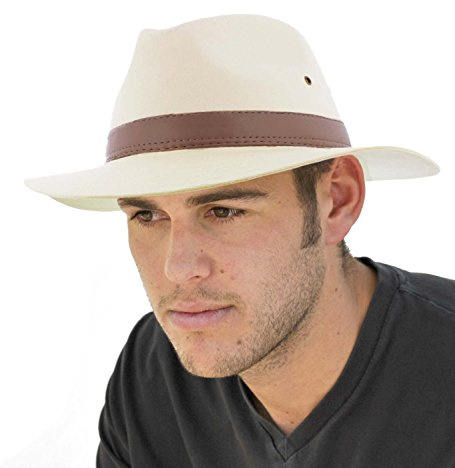 Dannii Matthews Stylish Men's Cotton Fedora with Brown Faux Leather Band, Natural, 57cm