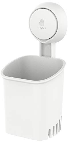 LEVERLOC Powerful Suction Cup Toothbrush Holder, Drill-Free Wall Shower Holder for Toothbrush, Toothpaste, Razor, Removable Suction Cup in Shower, Self-draining Kitchen Tableware Organizer, White