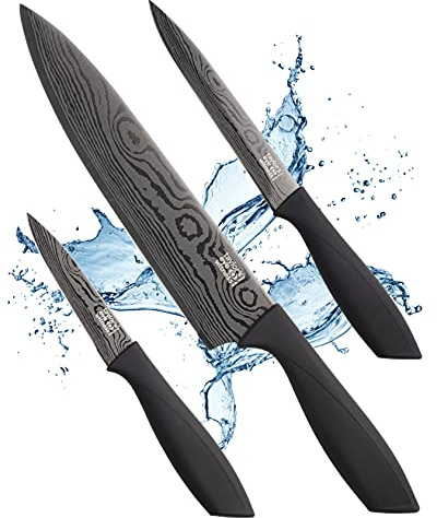 Grey Damask 3pce Kitchen Knife Set - 9cm/3.5” Paring, 13cm/5” Utility, 20cm/8” Chef Knives. Ultra Modern, Slate Damascus Effect, Razor Sharp, Titanium Coated, Stainless Steel Bladed Knives
