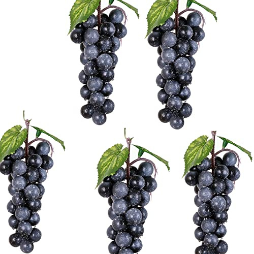Bairdish 5pcs Black Simulation Grapes Bunches Lifelike Artificial Grapes Fake Grape Bundle for Vines Decoration Wine Kitchen Garland Decor Faux Fruit Props(36grains 7 Inches Long)