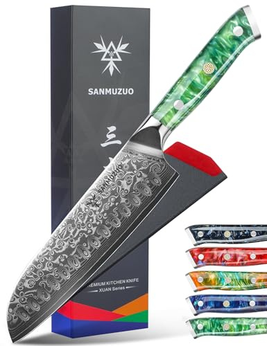 SANMUZUO Damastmesser 18 cm Santokumesser - Japanisches Kochmesser - VG 10 Damaskus Stahl Küchenmesser mit Harzgriff - Xuan Serie(Smaragd grün)