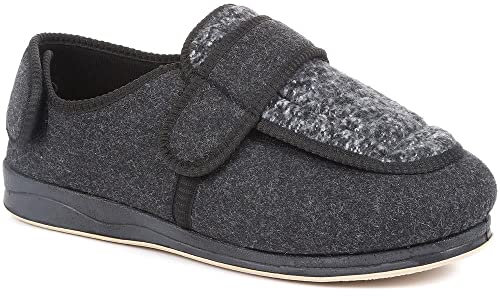 EasyFit Extra-Wide-Fit Touch-Fastening Slippers - Black-Grey Size 10