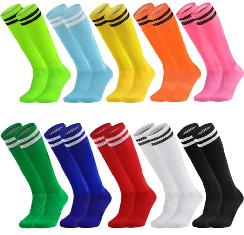 Elfcool 10 Pairs Soccer Socks Stripe Knee High Softball Baseball Team Football Socks Breathable for Men Women, Assorted