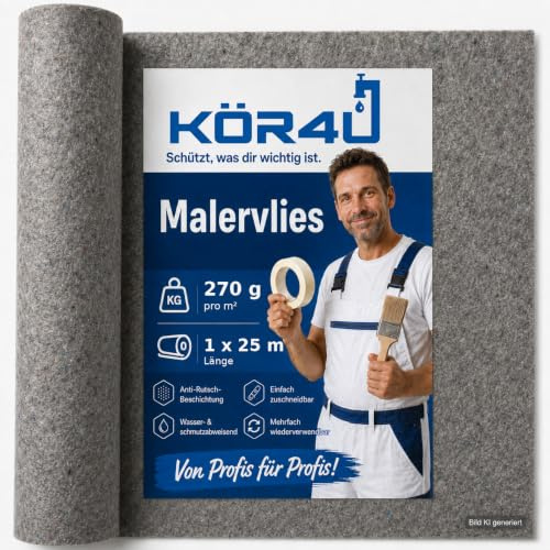 kör4u Malervlies 25m, 270g, Abdeckvlies rutschfest, Renovierung Umzug