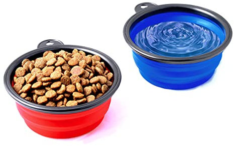 PRECORN Juego de 2 cuencos de viaje plegables para perros, 250 ml, para perros, gatos, mascotas, en rojo y azul