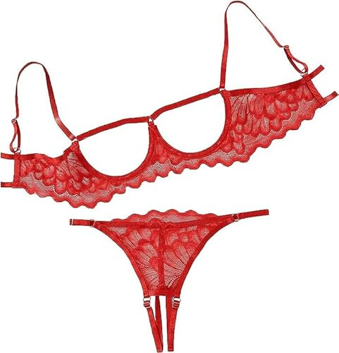 VicSec Conjunto Lencería Mujer Sexy Encaje Ropa de Dormir Lingerie Bordado Ropa Interior Sujetador Transparente Triangular y Tanga Dessous Set, S-XL