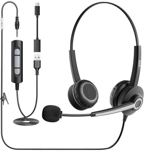 USB Headset with Microphone 3.5mm USB Type-C Jack Computer Headsets【3-IN-1】Over-Ear Headphone Mic with Noise Cancelling Adjustable Wired Headset for PC Laptop Call Center Office Skype Online Chat