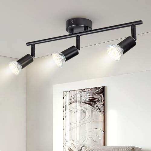 Dougelec Plafonnier Spot Plafond 3 Spots LED Orientable GU10 Éclairage de Plafond Plafonnier Luminaire Spot Applique Muraux Moderne Intérieur pour Cuisine Salon Chambre 230V, Noir Sans Ampoule