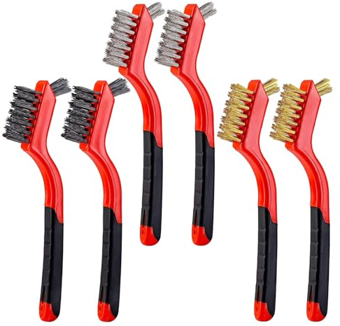 YiwerDer Lot de 6 mini brosses métalliques en acier inoxydable/laiton/poils en nylon, poignée incurvée douce pour nettoyer la rouille, la saleté et la peinture avec nettoyage en profondeur - 17,8 cm