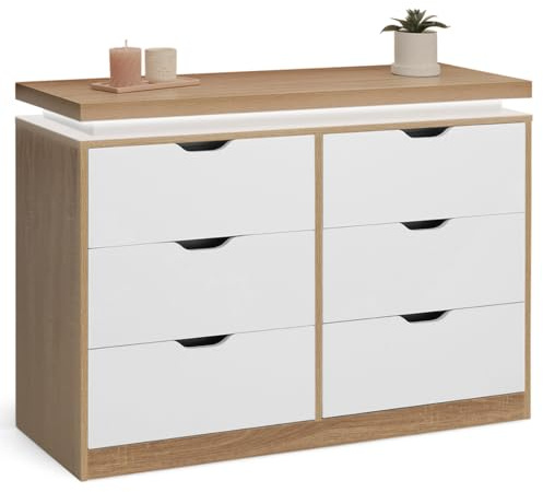 IDMarket - Cómoda con 6 cajones Luna LED 115 cm blanco y efecto madera