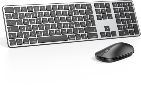 Bluetooth-Mac-Tastatur und -Maus, OMOTON Kabellose Tastatur und Maus für Apple MacBook Pro/Air, iMac, iMac Pro, Mac mini/Pro, AAA Batteriebetrieben, Volle Größe, Mehrere Geräte, QWERTZ, Raumgrau