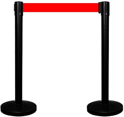 Queue Barrier with 3Meter Red Retractable Belt | Black Crowd Control Post with Weighted Base | 4-Way Connectable Stanchion with Powder-Coated Iron Finish for Queue Management & Events