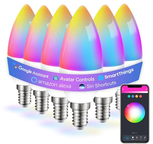 6 Pack E12 Smart Bulbs, Alexa WiFi Candelabra Smart Light Bulbs 5W 2700K-6500K Color Changing Dimmable RGBCW, Music Timer Ceiling Fan Smart B11 Candle Base Small LED Light Bulb, 2.4GHz WiFi