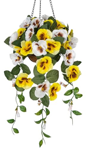 Briful Kunstblumen Wie Echt Stiefmütterchen Hängende Pflanzen Künstliche Blumen Pansy mit Hängeampel, Höhe 70 cm, Zimmerpflanze Busch Dekopflanze Grünpflanze