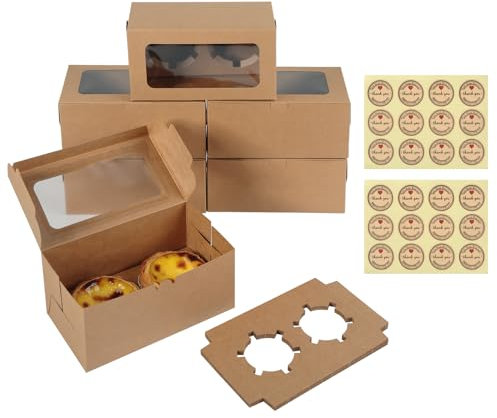 Parastar Lot de 16 boîtes à gâteau à 2 trous, avec fenêtre et insert, en papier kraft avec 24 autocollants, marron, convient pour biscuits, muffins, desserts, gâteaux