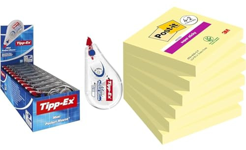 Tipp-Ex Korrekturroller Mini Pocket Mouse, 6m x 5mm & Post-it Super Sticky Notes Kanariengelb, Packung mit 6 Blöcken, 90 Blatt pro Block
