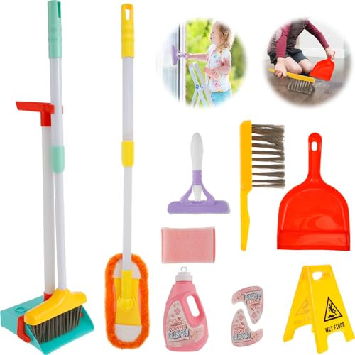 13 Pcs Kinder Putzset Einstellbar Kinderbesen Set ABS Reinigung Set Kinder Rollenspiel Reinigungsset Haushalt Spielzeug Geschenke für Kinder inkl Besen Kehrschaufel Mop Bürsten Lappen schaber asw.