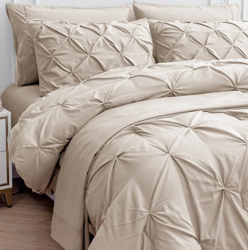 LANE LINEN Twin Comforter Set - 5 Piece - Classic Pintuck Stitch Design Bedding - with 1 Comforter, 1 Pillowcase 1 Shams, 1 Flat & One 14 Fitted Sheet - Lightweight Bedding for Year-Round Use – Beige