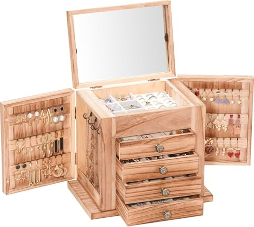 ProCase Joyero Grande, Organizador para joyas de Madera 5 Capas con espejo para Pendientes Pulseras Collares Relojes Anillos, Almacenamiento de Joyas para Mujeres y Chicas -Natural