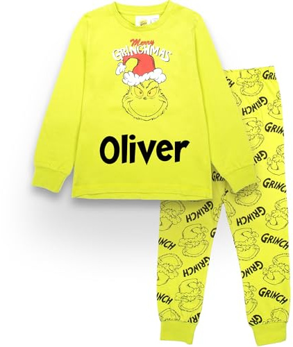 The Grinch Personalised Christmas Pyjama for Kids Long Sleeve 100% Cotton Winter Pyjama Age 8/9 Gift for Kids Green