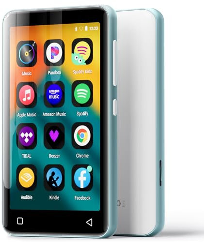 innioasis 80Go Lecteur MP3 avec Bluetooth et WiFi, Lecteur de Musique Mp3 et Mp4 ave Spotify,Spotify Kids, Tidal, Deezer, Lecteur Vidéo à écran Tactile 4 Pouces 1080P（Bleu Glacier+Blanc）