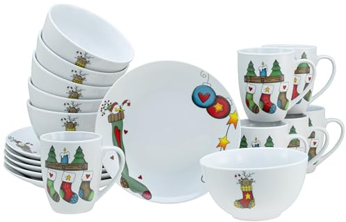 CreaTable, 21844, Serie Luna Socken, 18-teiliges Geschirrset für 6 Personen, Frühstücksset aus Porzellan, spülmaschinen- und mikrowellengeeignet, Qualitätsproduktion
