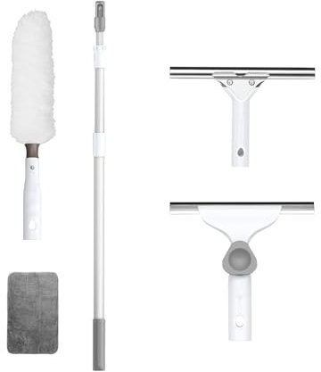 Escoba Mágica con Mango Extensible,ángulo Ajustable rascadora 25cm,Plumero 55cm,Limpiador de Agua,Cubierta de Microfibra para Una Limpieza sin Rayas(Blanco) (300cm)