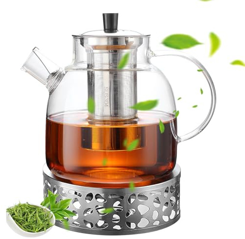 WIYETY Teekanne mit Siebeinsatz 1.5L: Teekanne Glas mit Sockel Edelstahl und Griff mit Verbrühungsschutz, Große Kapazität Teekanne aus Hoher Borosilikatgehalt Glas, Teekanne Stövchen Set für Kräuter