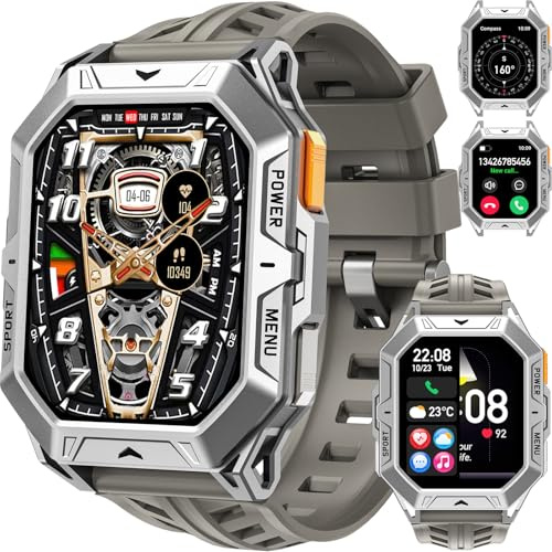 Smartwatch Herren Militär Uhr 100 Tage Akkulaufzeit Sportuhren Herren mit Kompass Höhenmesser Barometer IP68 Wasserdicht Fitnessuhr Pulsmesser Blutdruck 2,13 AMOLED Display Smart Watch Android iOS