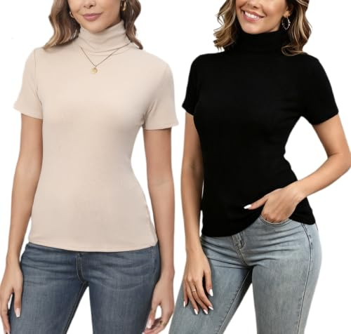 Pull Col Roulé Femme Chaussette Body Tricot Léger Manches Courtes Tee Shirt Top Haut Ajusté Moderne Col Montant sous Pull Basique Pullover Laine Vintage Chic Hiver Automne Printemps Noir+Beige L