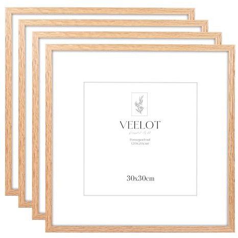 Veelot® 4x Bilderrahmen 30x30cm,Natur Holz Eiche,Passepartout 20x20cm,Mittelgroßer quadratischer Bilderrahmen 30x30cm | Holzbilderrahmen Poster Echtholz