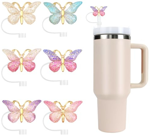 6PCS Straw Covers Cap for Stanley Cup, 10mm Silicone Straw Toppers, Reusable Tumbler Accessories for Women Girls Gifts (ButterflyA)