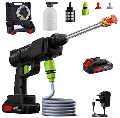 The Fellie Cordless Electric Pressure Washer, Portable Pressure Washer, Jet Washer Gun Kit With 21V 1500mAh Battery/2*Spray Nozzles/Hose, Car Wash Spray Gun for Car/Floor/Garden Cleaning, Green