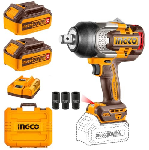 Ingco Ciwli20135E Avvitatore a Impulsi a batteria 20 V 1350 Nm Attacco 3/4 2 Batterie 5 ah Brushless Valigetta