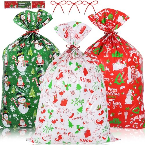 Norvens 3Pcs Jumbo Christmas Sacks Extra Large, Giant Xmas Bags 36x56 Inch with Gift Tags, 3 Color Decorative Drawstring Bags for Presents Toys Party Favors (Red, Green, White）