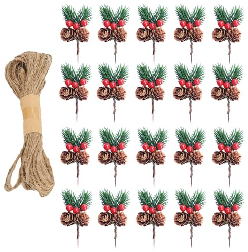 FAINCA 20 Piezas Bayas Navidad Flexible Ramas de Pino Artificial de Navidad con Cuerda Cáñamo 20M Ramas Navideñas Diseño Frutos Rojos Piñas Hojas Verdes para Sala Comedor Balcón Patio