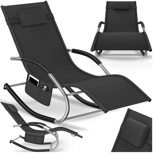 tectake® Tumbona Jardin Exterior con Almohada, Tumbonas Piscina con Bolsillo Lateral, Resistente al Agua y Tejido Transpirable, Capacidad de Carga: 120kg, Sillas de Terraza - Negro