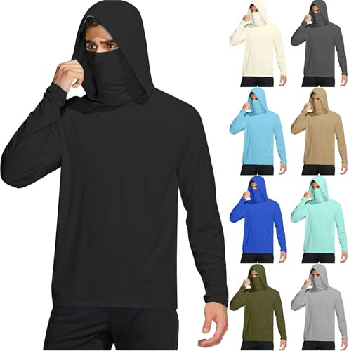 RLEHJN T Shirt Anti Uv Homme Manche Longue T-Shirt À Capuche Pour Homme Avec Masque Uv Haut De Sport Protection Solaire D'Été Décontractée Vêtements De Protection Solaire Pour Pêche Randonnée
