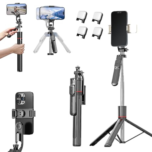 Gimbal Stabilizer - Master Every Move, Smartphone Gimbal Stabilizer,Foldable 2-in-1 Tripod & Selfie Stick with Fill Light & Remote,360°Automatic Rotation, Anti-Shake (Black Dual Light Edition)