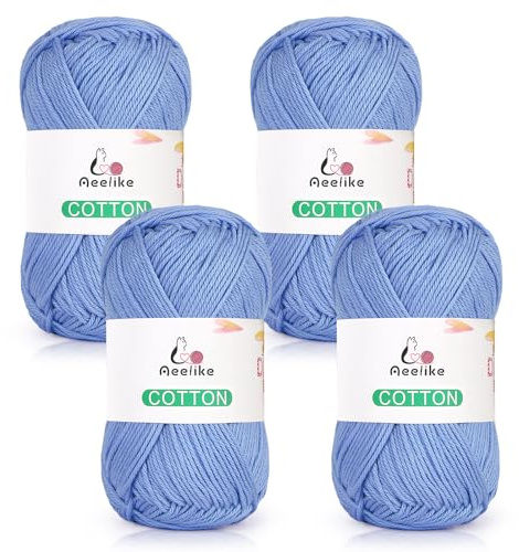 Aeelike 100% Cotton Strickwolle, Babyweich 4Ply Baumwolle Handstrickgarn, Atmungsaktiv und Hautfreundlich Wolle, geeignet zum Stricken und Häkeln von Schals, Pullovern, Mützen, Handschuhen, Hellblau