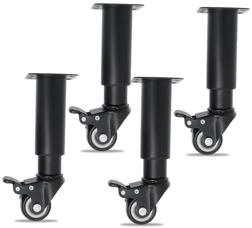 4 patas de muebles ajustables en altura con ruedas, giratorias 360° y con freno, patas de mesa de metal robustas, altura ajustable para armario, cama, sofá, mesa de café y otros muebles (18-26 cm)